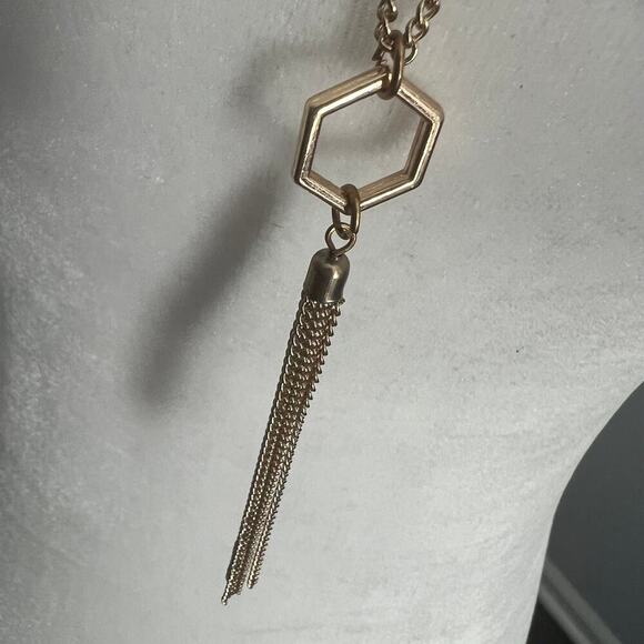 Gold tone boho chic trendy geometric hexagon long fringe tassel pendant necklace - Picture 3 of 5